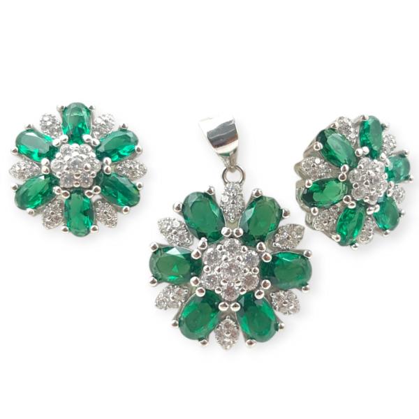 925 Sterling Silver Pendant Set with Beautiful Flower Shape And Design with Green and White Stones